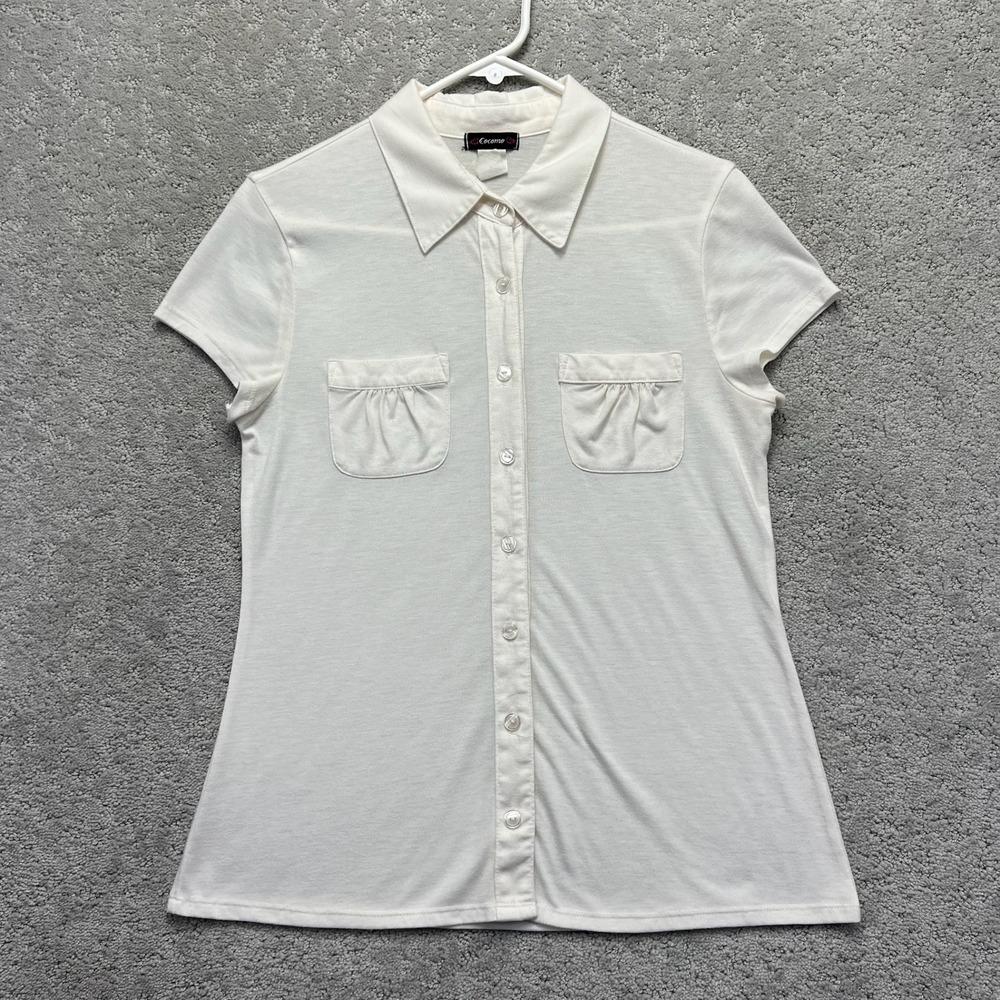 VINTAGE Y2k Cocomo Shirt Womens M White Short Sleeve Button Up Pockets Preppy